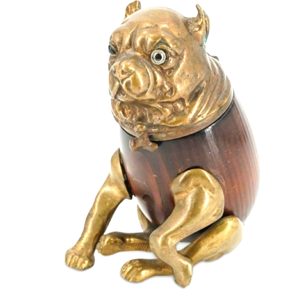 Arthur Court English Victorian Bronze & Carved Wood Bull Dog Inkwell Sculpture